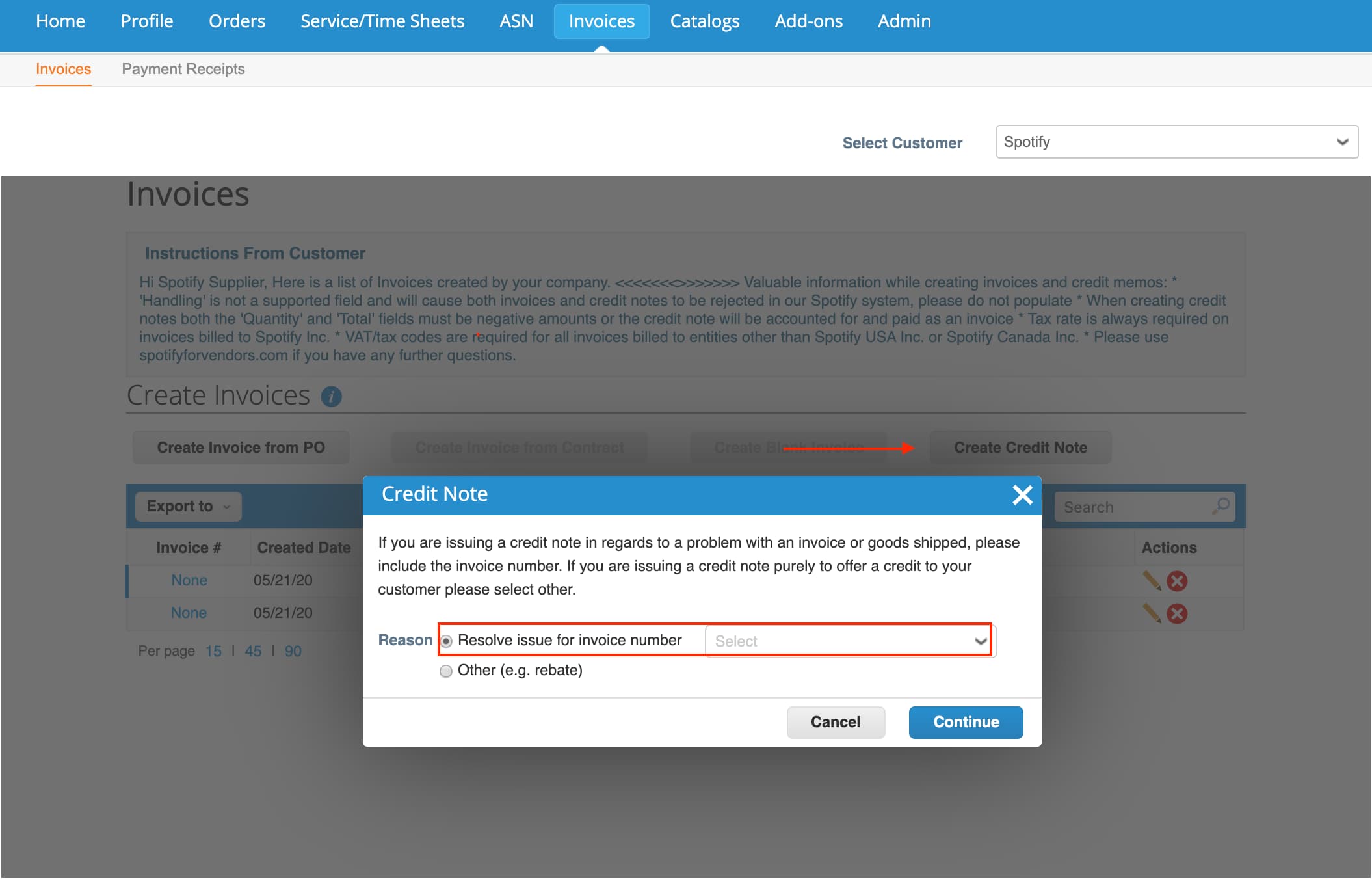 Creating a Credit Note